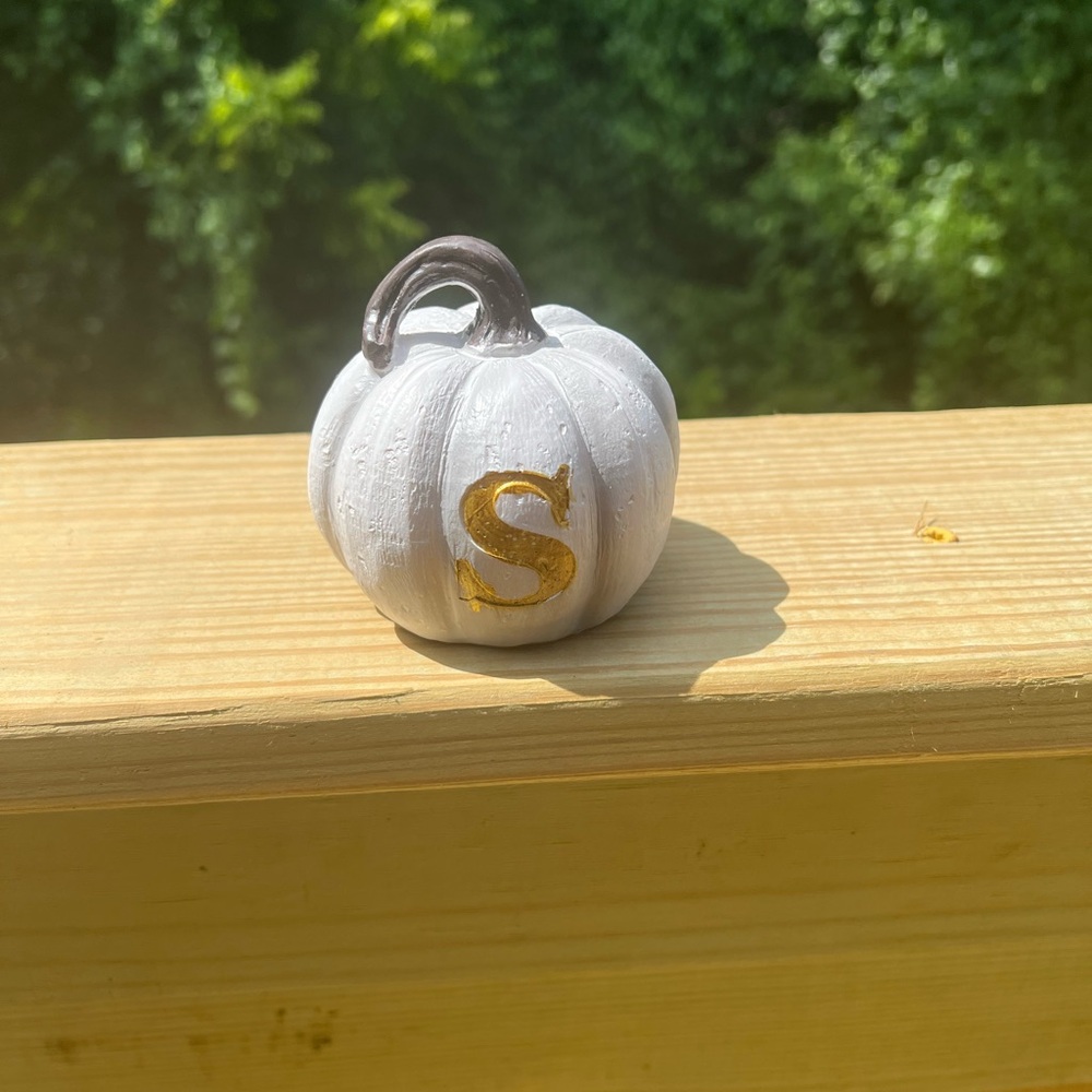 White Pumpkin Decor with Gold Letter S